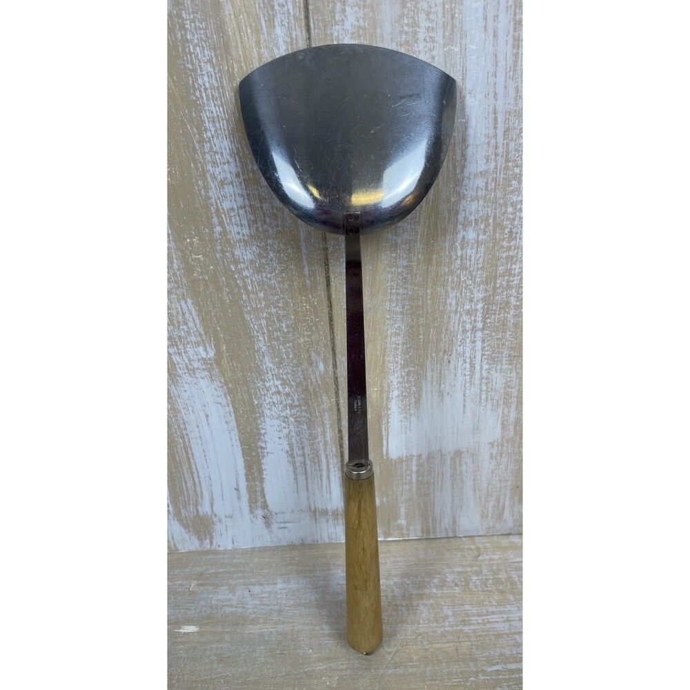 Vintage Stainless Steel Wok Ladle – Wooden Handle Stir Fry Cooking Spoon Utensil